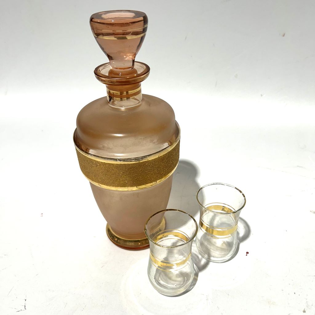 DECANTER SET, 1960s - 70s Blush Pink Depression Glass w Gold Rim